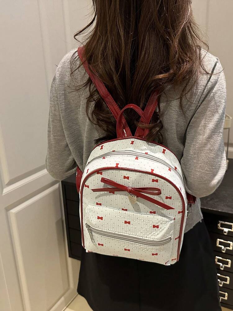 Women's Bow Pattern Nylon Backpack Sweet Lady Style Versatile Multi Purpose Daypack Casual Travel Shopping Minimalist Lightweight Bag