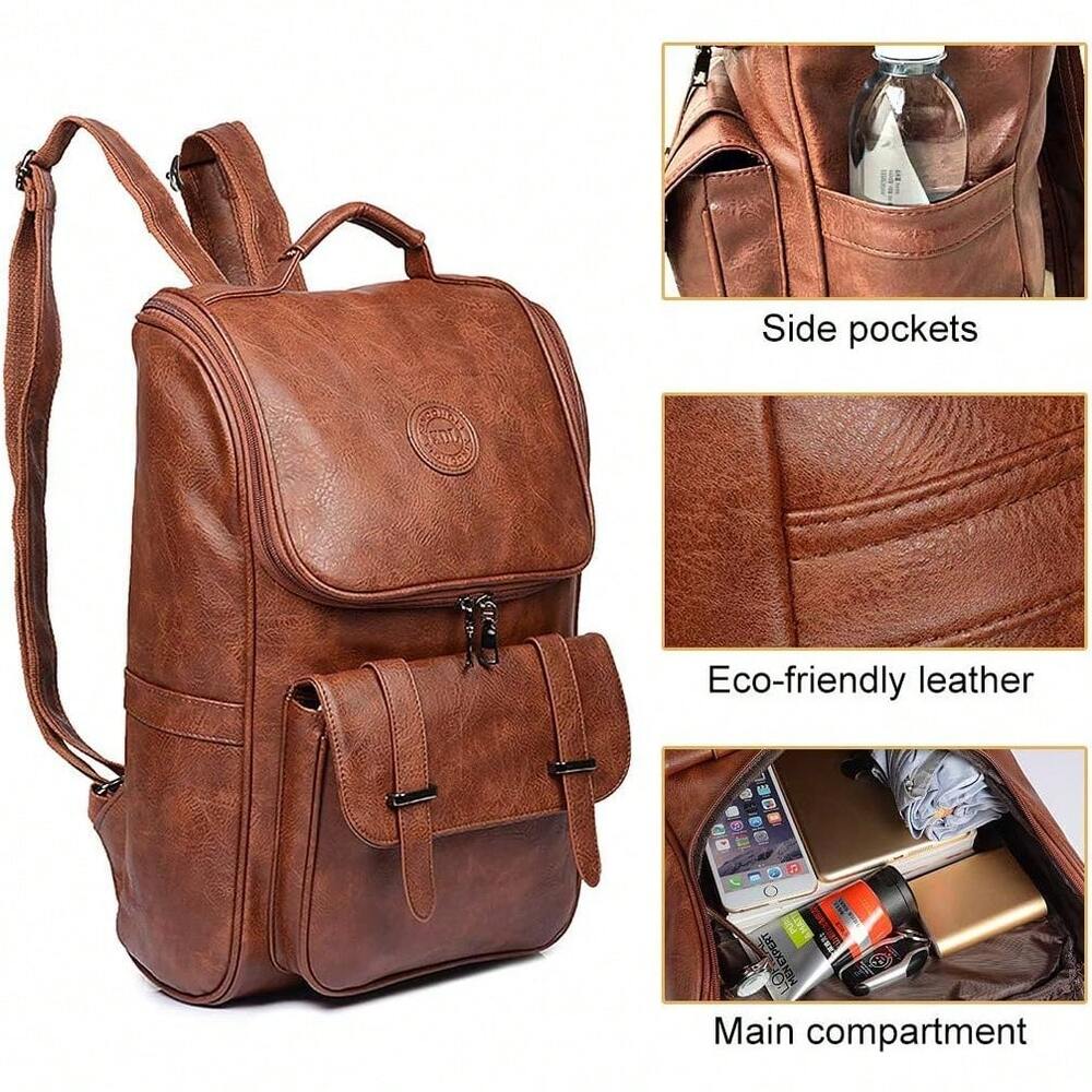 Vegan Leather Slim Vintage Laptop Backpack Men Women Brown Travel Bag College School Daypack Casual Resistant Commuter Bookbag