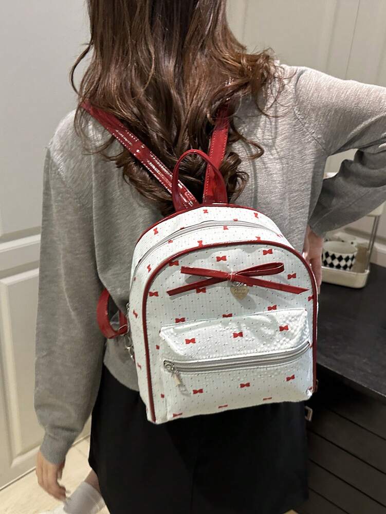 Women's Bow Pattern Nylon Backpack Sweet Lady Style Versatile Multi Purpose Daypack Casual Travel Shopping Minimalist Lightweight Bag
