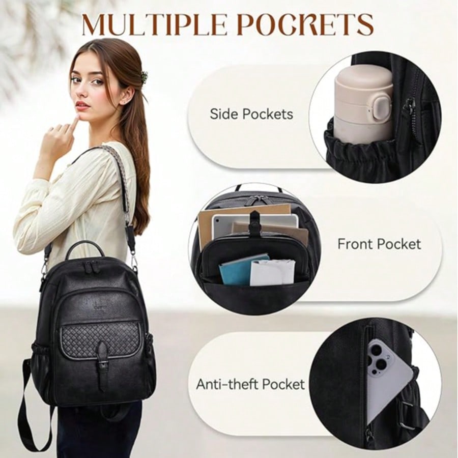 VASCHY Fashion PU Leather Convertible Backpack Purse For Women Casual Travel College Y2K Style Printed Floral Trendy School Bag Blue