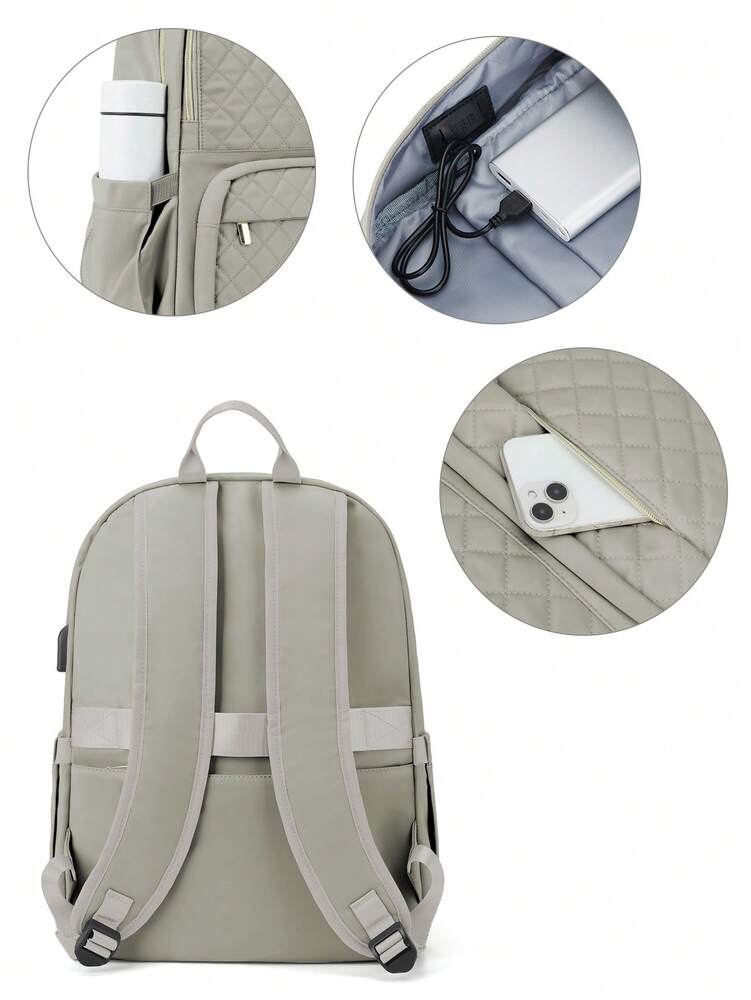 Women's Floless Quilted Laptop Backpack 14 15.6 Inch School Bag With USB Charging Port Fashion Work Travel Daypack Waterproof Casual