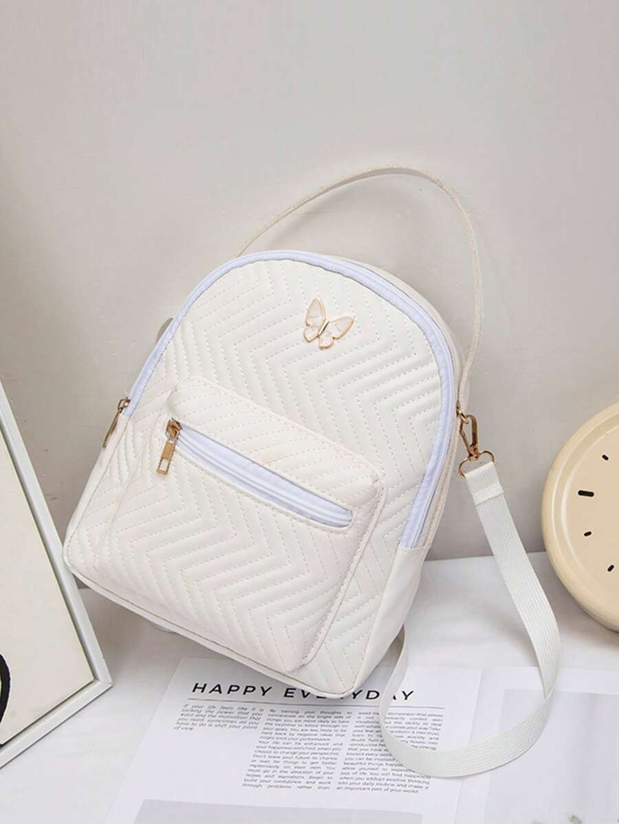 Mini Quilted Butterfly Backpack With Front Zipper Pocket Cute Small School Bag Perfect For Girls Students Shopping Commuting Back To School