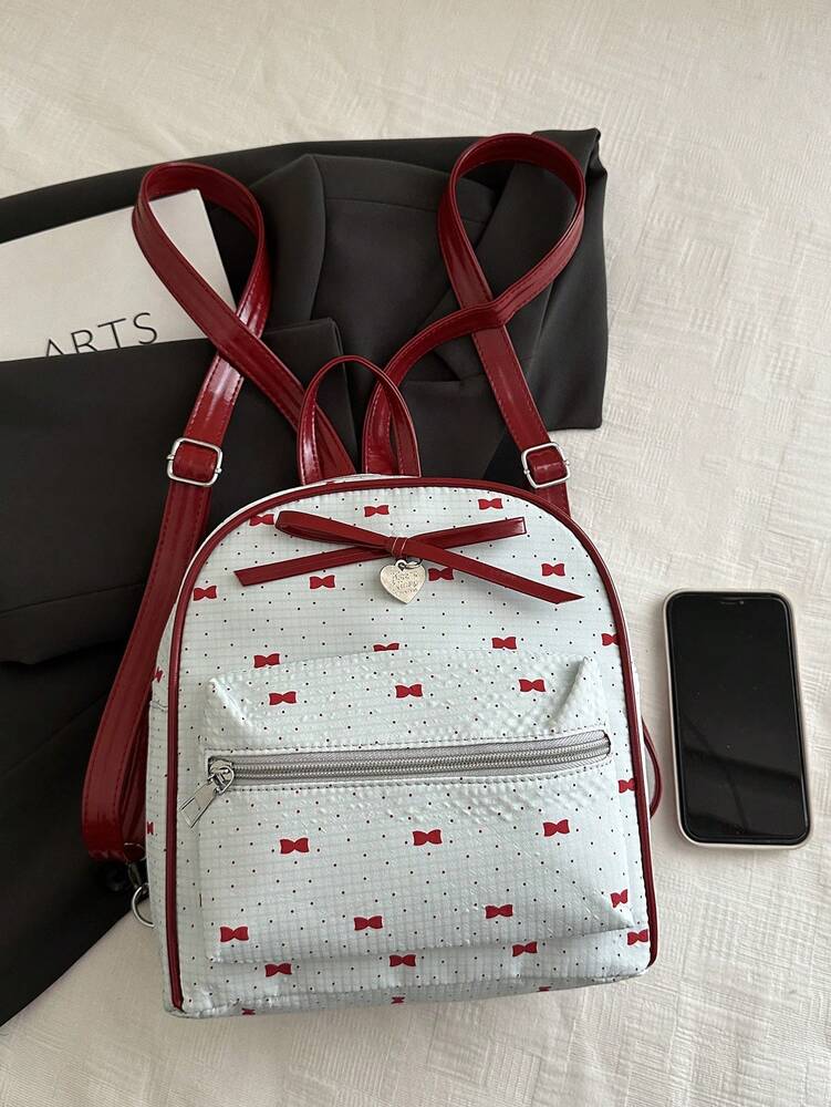 Women's Bow Pattern Nylon Backpack Sweet Lady Style Versatile Multi Purpose Daypack Casual Travel Shopping Minimalist Lightweight Bag