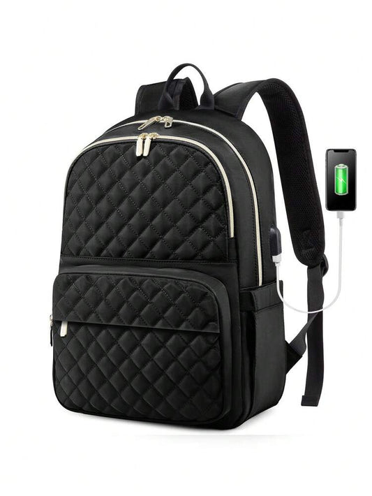 Women's Floless Quilted Laptop Backpack 14 15.6 Inch School Bag With USB Charging Port Fashion Work Travel Daypack Waterproof Casual