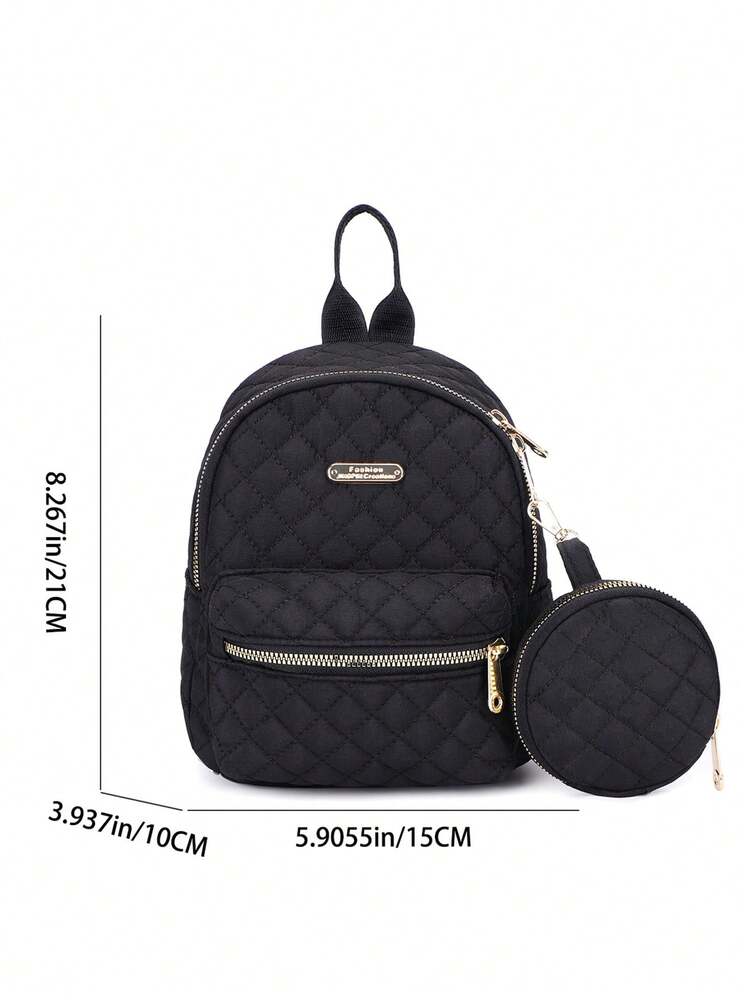 Women's Quilted Backpack With Coin Wallet Small Casual Nylon Daypack Campus Bookbag College Junior High Students Lightweight Travel Bag