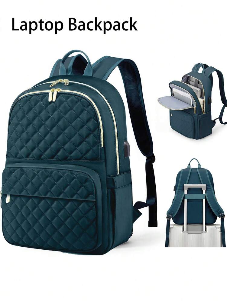 Women's Floless Quilted Laptop Backpack 14 15.6 Inch School Bag With USB Charging Port Fashion Work Travel Daypack Waterproof Casual
