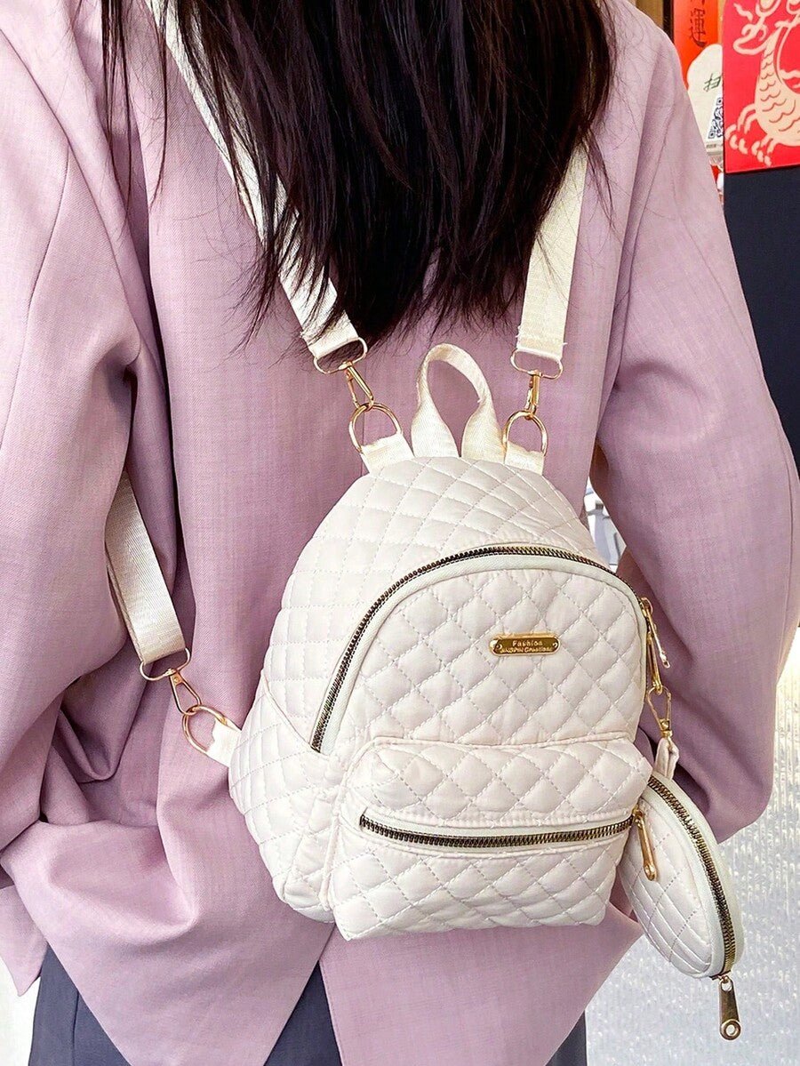 Women's Quilted Backpack With Coin Wallet Small Casual Nylon Daypack Campus Bookbag College Junior High Students Lightweight Travel Bag